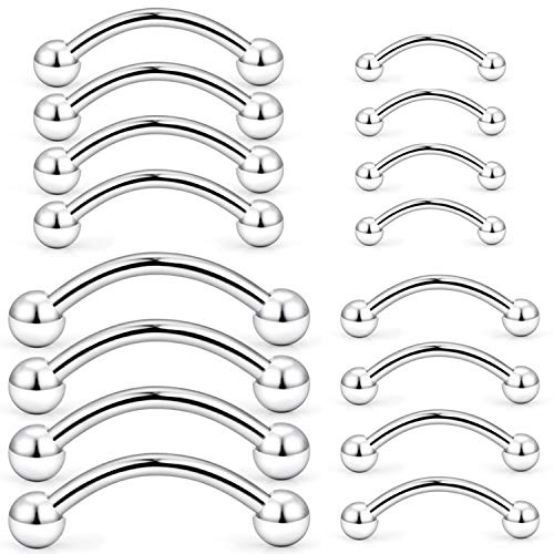 Hoeudjo Eyebrow Piercing Jewelry 16G Surgical Steel Curved Barbell with Ball Kit Tragus Ring Piercings Jewelry Silvertone 16Pcs 6mm 8mm 10mm 12mm