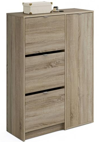 MUEBLES PITARCH | Zapatero Botero Mueble Auxiliar de Entrada, 25 Pares de Zapatos, con 3 Puertas y 2 estantes Regulables, Roble Cambrian, 122x85x37cm, Modelo Trevi