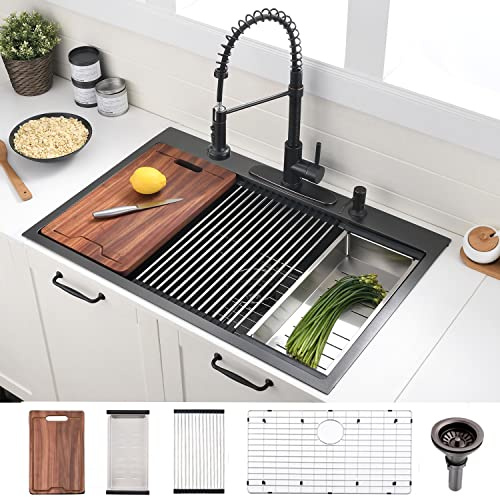 33 Inch Black Drop In Kitchen Sink Workstation - VOKIM 33x22-Inch Drop In Sink Stainless Steel Top Mount 16 Gauge Single Bowl 10'' Deep Handmade Kitchen sink with Cutting Board& Strainer