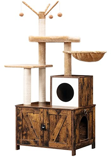 HOOBRO Kratzbaum mit Katzenklo-Schrank, 2-in-1 Katzenbaum, 150 cm, Versteckte Katzentoilettenmöbel, Schrank für Katzentoilette, mit Sisalstämmen, Abnehmbare Plüschball-Stange, Vintagebraun EFG15MZ03
