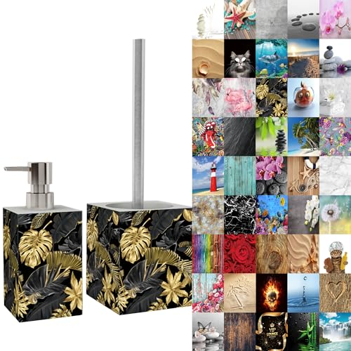 Sanilo Badezimmer Set, Seifenspender und WC Bürste mit Motiv, große Auswahl, Klobürste ohne Bohren, schöne Designs (Golden Leaves)