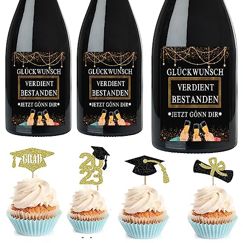 MKISHINE 10x Set Flaschenetikett Bestanden Flaschen-Aufkleber für bestandene Prüfung,+8PC Cake Topper Flaschen Etiketten für Abschluss, Abi, Studium, Führerschein UVM ABI Abitur 2023 Geschenke