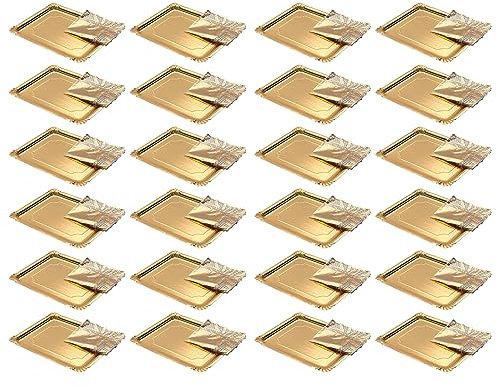 AC - Pack de 24 Bandejas con blonda Rectangular - Especial para Fiestas o Celebraciones - Material reciclable - 22 x 28 cm - Color Oro