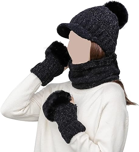 Guantes, damas elegante punto pasamontañas sombrero bufanda de mujer sombrero guantes conjunto mano cuello oreja calentador grueso a prueba de viento polar acolchado gorra capucha mitones ciclismo esq
