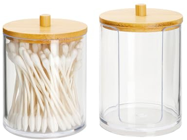 2 Stück Wattestäbchen Behälter & Wattepadspender mit Bambusdeckel, Make Up Organizer, Transparente Aufbewahrungsbox für Ohrenstäbchen, Wattepads, Zahnseidepicks