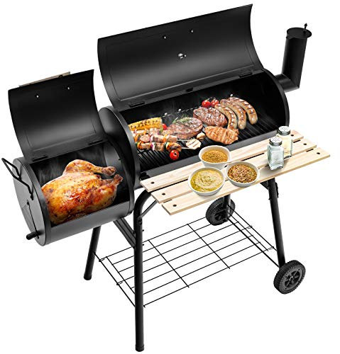 GOPLUS 116X61X105,5CM Parrilla de barbacoa en forma de barril, parrilla de carbón de leña con asa práctica y estante de almacenamiento en la parte inferior, 2 ruedas duraderas para un desplazamiento