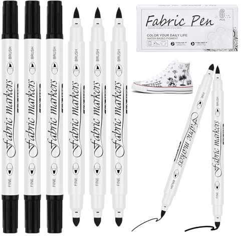 Textilstifte Waschmaschinenfest Schwarz 6 Stück Dual Tip Textilmarker, 1-5mm Stoff Stifte Waschfest, Textilstift Schwarz, Ungiftige Textilfarbe Stoffmalstifte für T-Shirt Stoffbeutel Textilien