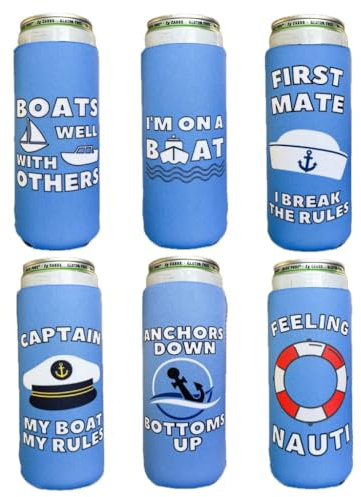 Brew Pants Boating Themed Coozies - Great Gift for Any Sailor - Premium Neoprene Material - 6 Pack (Standard 12oz Slim/Seltzer Can)