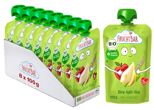 FruchtBar Bio Questchie Birne, Apfel, Hirse, Frucht-Püree im Quetschbeutel für Babys ab 6 Monaten & Kinder, 8x 100g