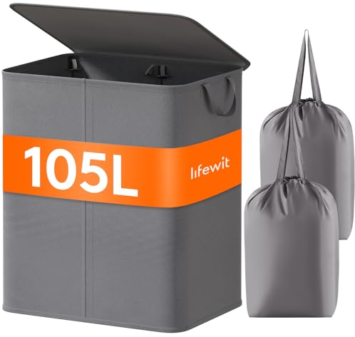 Lifewit 105L Laundry Basket with Lid, Large Double Laundry Hamper 2 Section Dirty Clothes Hamper with 2 Removable Laundry Bags and Handles for Clothes Toys for Dorm Bedroom Laundry Sorting, Grey