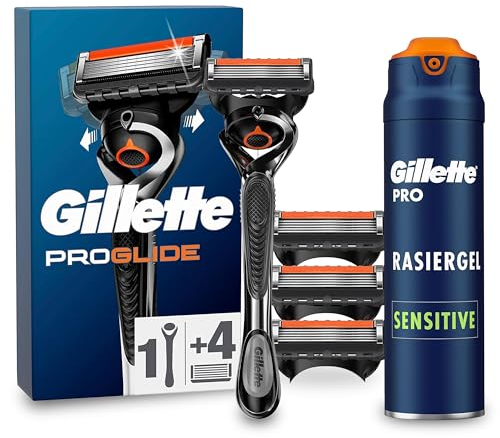 Gillette ProGlide Nassrasierer Herren Set, Rasierer + 4 Rasierklingen mit 5-fach Klinge + PRO Bartpflege Rasiergel 200 ml, Geschenk für Männer