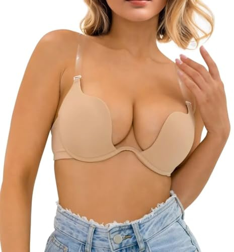 Sexy Code 1701 Soutien-Gorge Push-up pour Femmes Low Plunge avec Bretelles Transparentes,Deep-V Plunge Soutien-Gorge Taille Basse, Armatures, Décolleté Rembourré(D013UX+D259JD,Beige,36D)