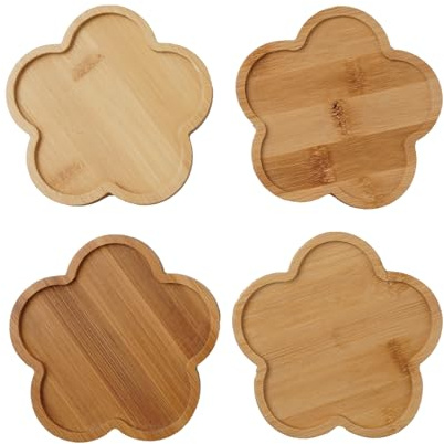 Anphly Ceramic Succulent Flowerpot Tray, Bamboo Frame, Ceramic Cup, Bamboo Coaster, Small Flowers 4.5inches, 4 Pieces per Sale