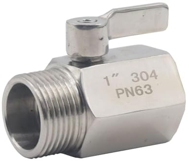 Mini Kugelhahn, 1 Zoll Innengewinde und Außengewinde Absperrventil PN63 Edelstahl Sanitärarmatur für Wasser Öl Gas (Silber)