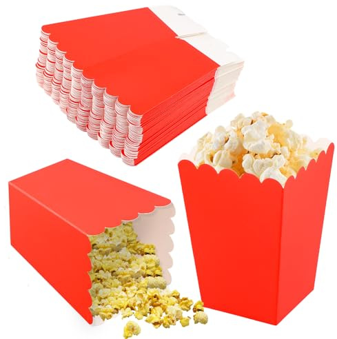 Daelesr 50 Pcs Mini Popcorn Boxes, 4 Colors Popcorn Carton Treat Box, Popcorn Bags Popcorn Favor Boxes, Paper Popcorn Containers for Wedding Theater Carnival Birthday Movie Night Party (Red)