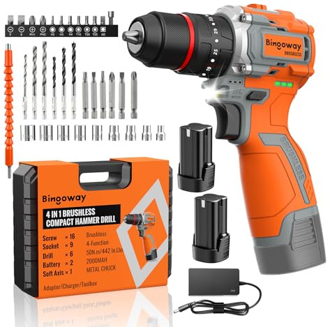 50N.m Brushless Cordless Drill, 16V 4-Function Electric Drill with 36 pcs Accessories, Keyless Metal Chuck, 35 Torque Adjustment, 2pcs Batteries, 2 Speed, Screwdriver, Wrench, Impact Gun For Housework