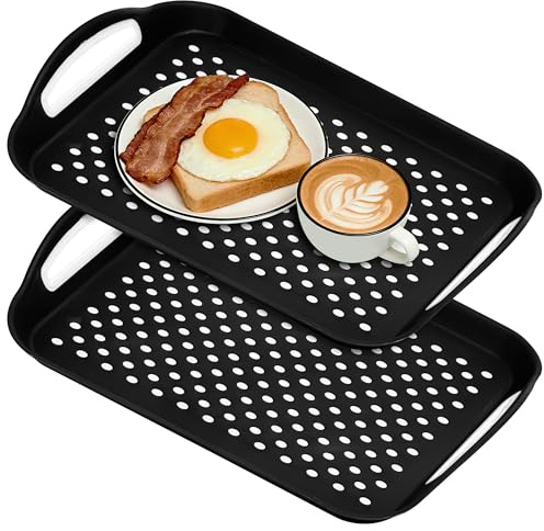Non Slip Lap Trays with Handles, Set of 2 Food Trays for Eating on Couch, Dishwasher Safe Rectangular Serving Trays for Dinner, Breakfast & Snacks (Black)