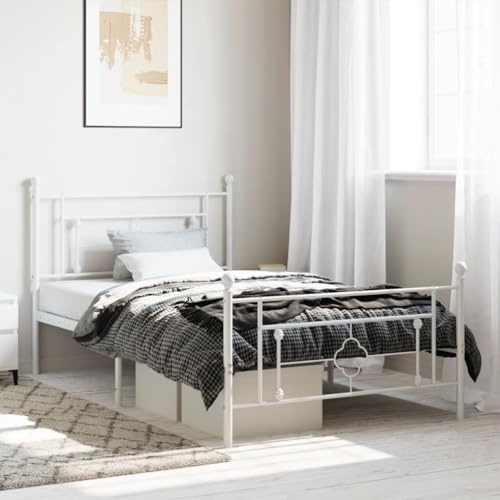 GeenYuu Metallsängram vit, 107 x 203 cm, robust stålramsäng med huvud och fotdel, ribbotten, förvaringsutrymme under sängen för sovrum, hållbar konstruktion