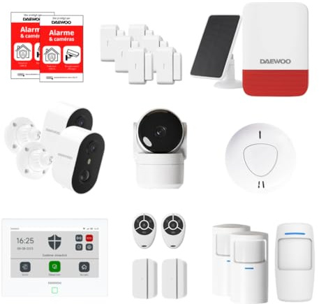 Uppkopplat hemlarm utan prenumeration - Daewoo Security Smart Protect Safety Max med HD-kameror, solsiren, rökdetektor och 8 dörrkontakter - Alexa och Google Home kompatibel