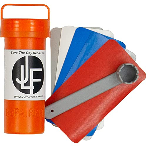 JLF Repair Kit Without Glue for Inflatable Stand Up Paddle Boards (SUP) Includes 3 x 6 Red, White, Blue, Clear, Grey PVC, 5 Patches and 6 Prong Valve Wrench
