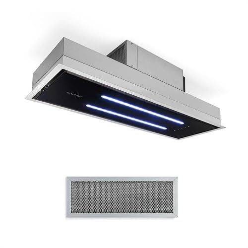 Klarstein High Line Ceiling Hood - Built-In, 90 cm, 410 m3 / h, Circulating/Exhaust Air, 3 Steps, LED, Remote Control, Activated Carbon Filter, Substructure Hood, Stainless Steel/Black Glass
