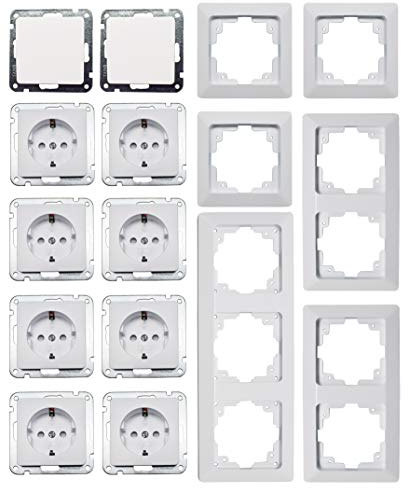 MILOS Steckdose Schalter Komplettset 8x Steckdose 2x Schalter Klemmanschluss mit Rahmen Weiß Matt