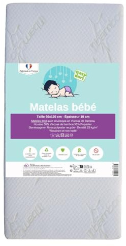 Easy Dort Matelas bébé 60x120 cm pour Lit Parapluie Viscose de Bambou Été & Hiver Épaisseur 10 cm Double Face Fabriqué en France