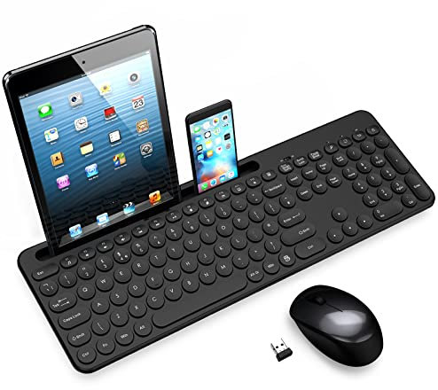 LeadsaiL Wireless Keyboard and Mouse Set with Phone and Tablet Holder, Wireless USB Mouse and Computer Keyboard Combo, Full-sized QWERTY UK Layout for HP/Lenovo Laptop and Mac-Black