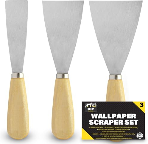 SOL 3pk Wallpaper Scraper Set 1 2 3 – Metal Blades for Paint, Putty, Wallpaper Removal – Filling, Plastering, Surface Prep – Rust-Resistant Wall Hand Tools for DIY Decorating, Flexible & Rigid Edge