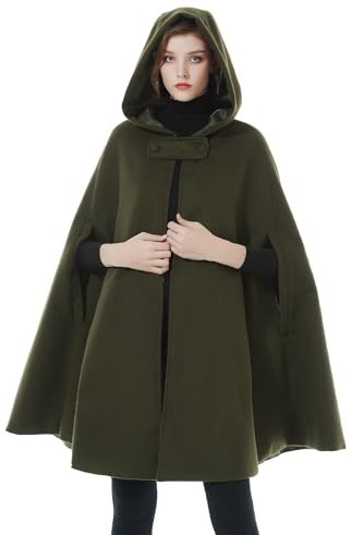 BEAUTELICATE Hooded Cape Cloak Long For Women Bride Winter Wedding Wool-Blend Poncho Medieval Halloween Christmas Cosplay Costume Khaki Green Half Length