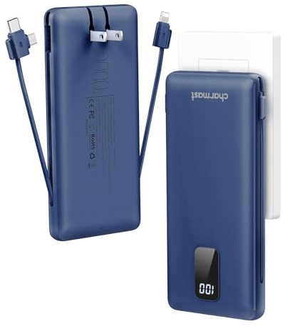 charmast Portable Charger with Built-in Cables and Plug, 10000mAh USB C Power Bank Fast Charging, External Battery Pack Slim, Travel Essentials Compatible with iPhones, Samsung Galaxy, iPad