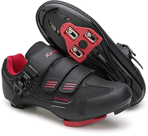 Unisex Cycling Shoes Compatible with Peloton Bike Shoes, Road Bike Indoor Riding Shoes with Pre-Installed Delta Cleats for Men and Women Clip in Indoor Outdoor Pedal Size 4 Black Red
