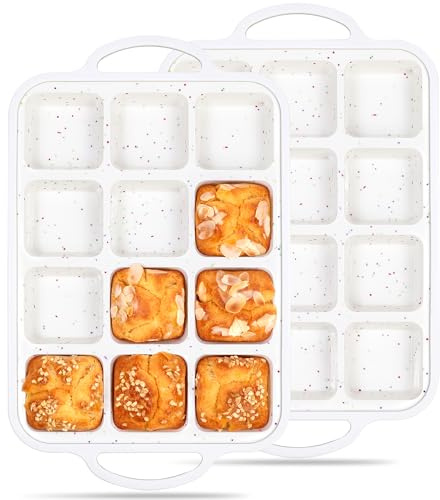 AOTASO 2 Pcs Brownie Pan with Dividers Silicone Nonstick Mini Individual 12 Cup Square Muffin Cupcake Pans with Metal Reinforced Frame(Cream)