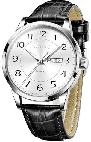 Taxau Mens Watches Waterproof Leather Strap Classic Fashion Analog Quartz Men's Watch Big Dial Dress Watch with Date Wrist Watches for Men