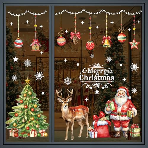 Edonkvi Adesivi Natalizi per Finestre 86 Pezzi, Vetrofanie Natalizie Grandi Decorazioni Natale Casa, Riutilizzabili Fiocchi di Neve Stickers Decalcomanie per Addobbi Vetrine Negozio Ufficio Porte