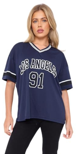 RAIS Women's Oversized LA 91 Varsity Football T-Shirt Sports Jersey Top Los Angeles 91 - Drop Shoulder Short Sleeves (UK, Alpha, S, M, Regular, Regular, Navy)