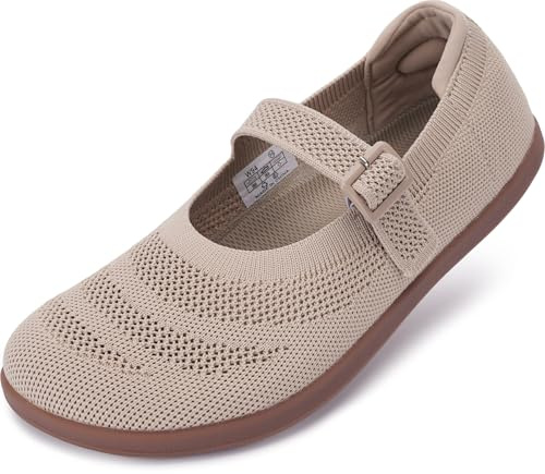 WHITIN Women's Barefoot Mary Jane Ballet Flats Shoes Wide Toe Box Size 10 Zero Drop Minimalist Knit Breathable Walking Adjustable Buckle Strap Beige 41