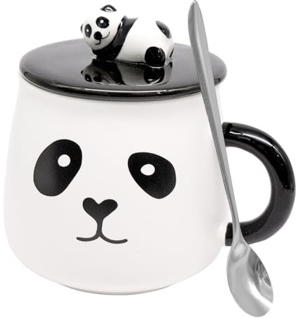 HVIHWI Panda keramisk mugg, 400 ml keramisk kaffemugg med 3D panda lock och sked, söt panda kaffemugg rolig panda nyhet kopp panda te mugg för kvinnor flickor pojkar hennes fru mamma mormor lärare vän