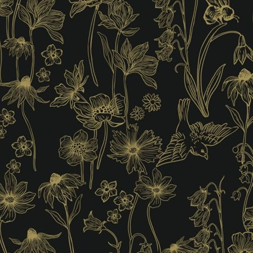 Fiula Papel tapiz autoadhesivo negro y dorado de 44 cm x 4,5 m, papel tapiz floral para despegar y pegar, papel tapiz de contacto con pájaros, abejas, papel pintado impermeable para muebles