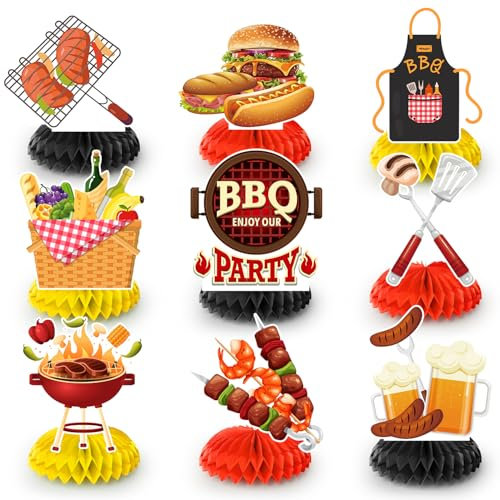 9pcs BBQ Baby Shower Centerpieces, Summer BBQ Centerpieces Summer BBQ Table Decor BBQ Theme Honeycomb Centerpieces for Picnic Party Decorations Supplies Summer Barbecue Holidays Supplies