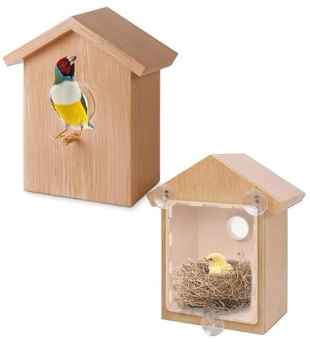Nistkasten für Vögel, Holz Fenster Spatzenhaus für Draußen Wetterfest Vogelhaus Fensterscheibe mit Saugnäpfen, Vogelnistkasten Vogelkasten zum Aufhängen, Brutkasten für Wildvögel und Gartenvögel (A)