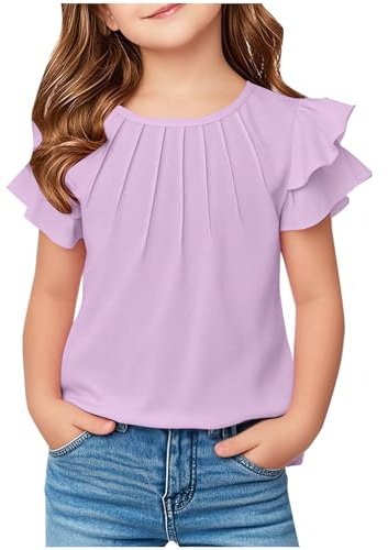 Camiseta Blanca Niña,Camisetas Manga Corta de Volantes Casual Cuello Redondo Cómoda Suelto Suave Tops Adolescente Ligera Camisa Largo Blusa T-Shirt Basic Moda tee Shirt Ropa Niña 5-13 Años