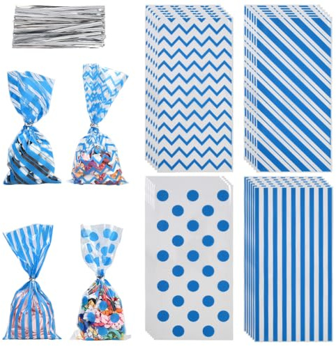 SOFPLATE 100 st 4 stilar 13 x 25 cm blå cellofan behandlingspåsar med vridband cellofan godispåsar storpack polka prickar ränder mönster presentpåsar för present kakor mellanmål packning fest