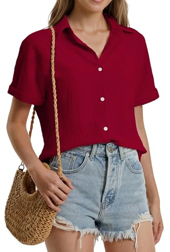 Stamain blus damer kortärmad muslinskjorta blus damer sommar ledig blus skjorta enfärgad elegant V-ringad kortärmad blus