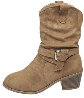 Slouchy Chunky Heel Mid Polpaccio Stivali per le donne, Suede Cowboy Comfort Booties Western Pull On Dress Booties Low Heel, cachi, 41 EU