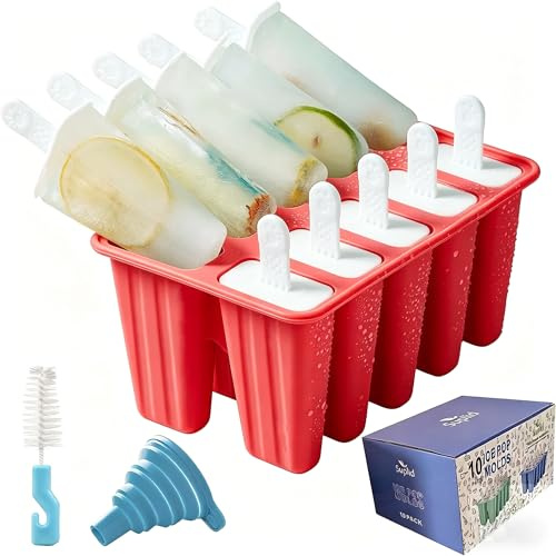 Ice Lolly Mould 10 Pieces Food Grade Silicone Popsicle Mold Easy to Remove Ice Pop Moulds - Reusable Ice Cream Mould BPA Free Ice Lolly Maker with Popsicles Recipes,Cleaning Brush and Funnel (Red)