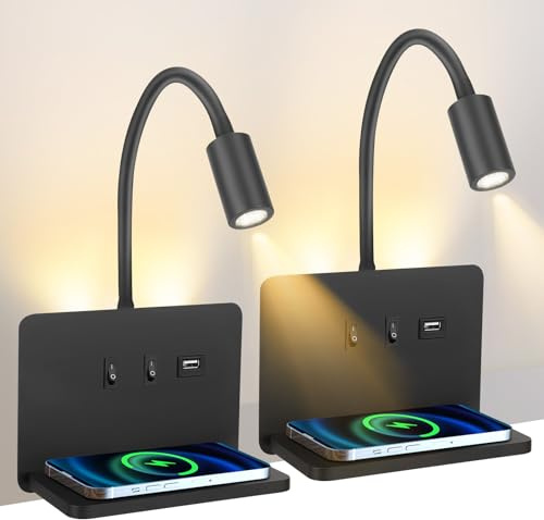Eirolace Lampe de Lecture Murale, Lampe de Lecture 3W + 10W avec Interrupteur et Chargeur sans Fil, Applique Murale LED à col de Cygne Pivotante à 360° avec Rétroéclairage pour Chambre à Coucher (4)