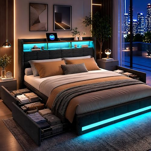 Letto Contenitore 180x200, Letto Matrimoniale con Luci LED e Porte USB + Type-C, 4 Cassetti, Testiera Imbottita in Lino con Doghe, Grigio – Senza Materasso
