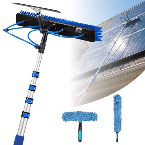 VEVOR 2-in-1 Teleskop Waschbürste für Solarpanel, Photovoltaik Reiniger Set mit 1,2-4,6m Alu-Teleskop 20m Wasseranschluss Abzieher Seifenspender, Reinigungsbürste für Solaranlage Fenster Terrassendach