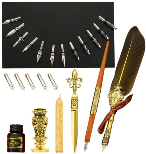Fjäderpenna och bläckset | Vintage kalligrafi Dip Pen Kit | Fjäderpennaset | innehåller fjäderpenna, bläck, ersättningsspetsar, vaxtätningsstift